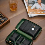 Knightsbridge Edition cigar case with classic black leather and vibrant green interior