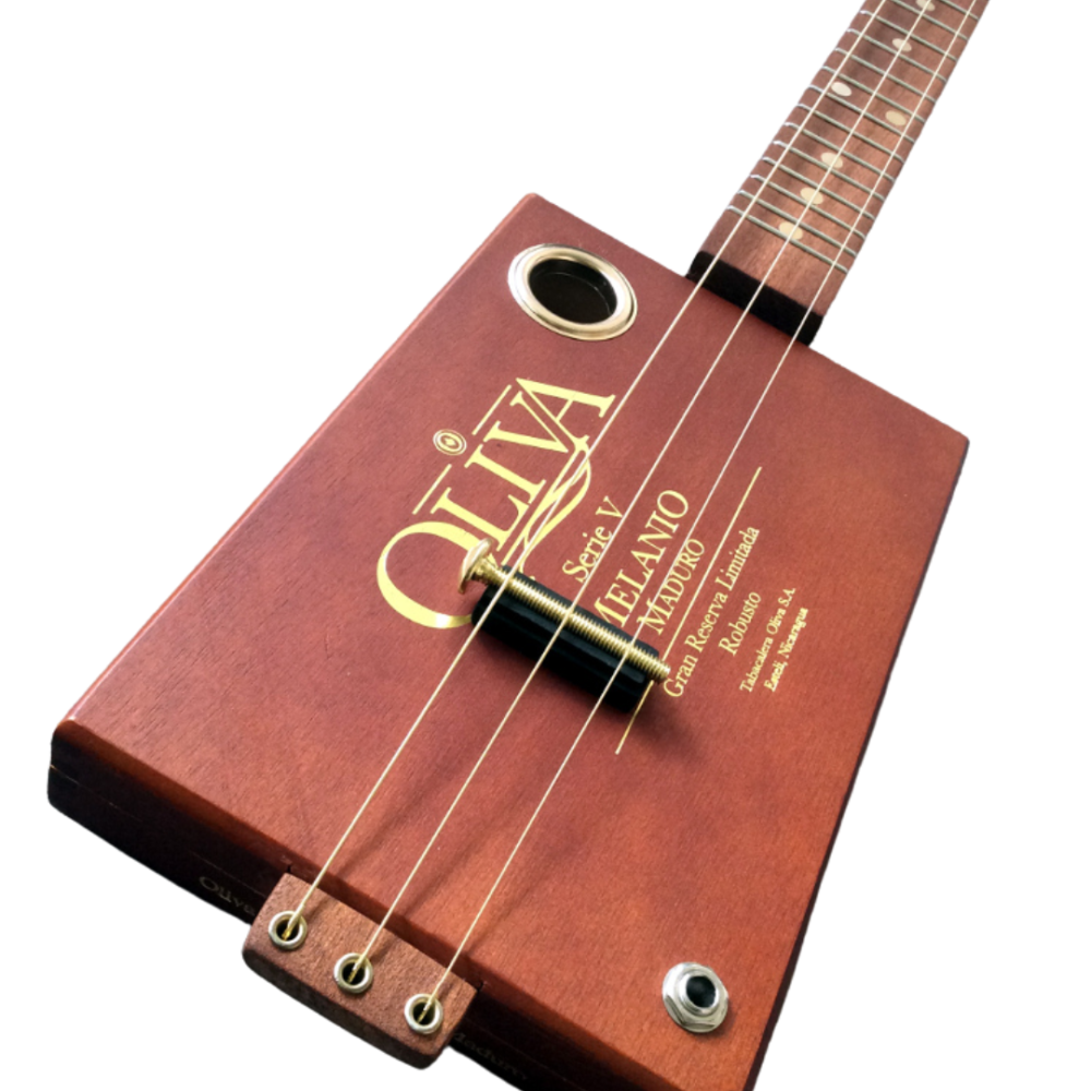 Handcrafted cigar box guitar with rich mahogany finish and detailed craftsmanship